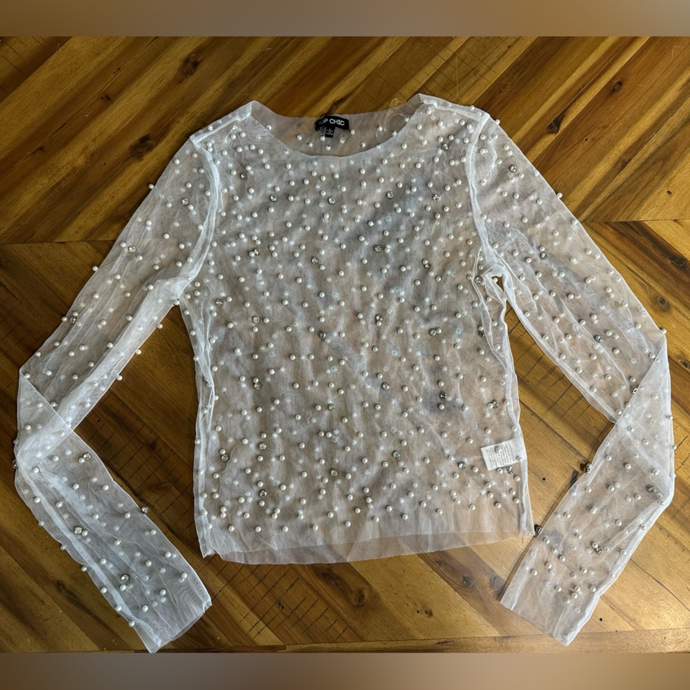 New in bag Top Chic long sleeve mesh pearl and rhinestones top size Large